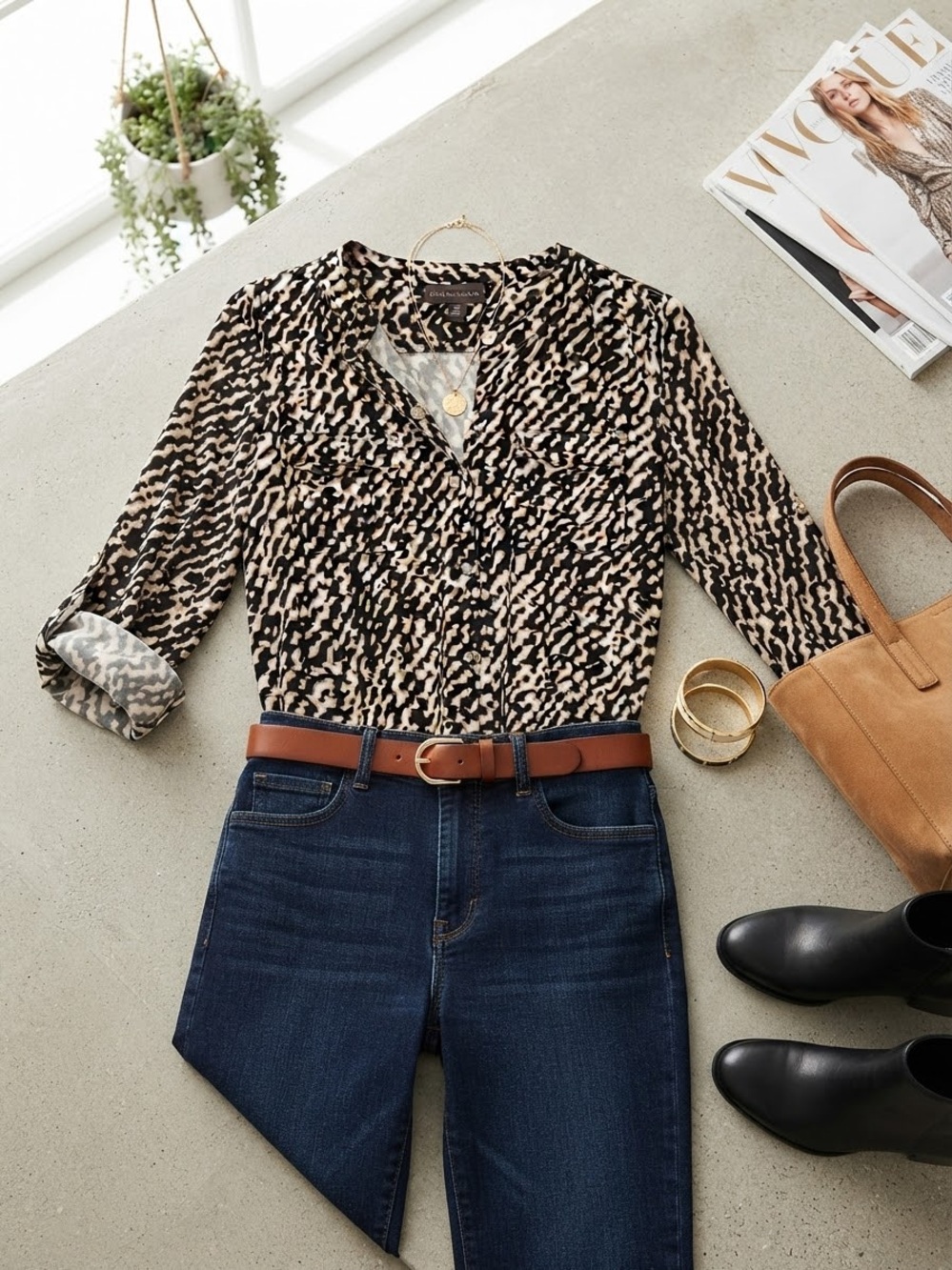 Dana Buchman Brown and Black Animal Print Button-Down Shirt